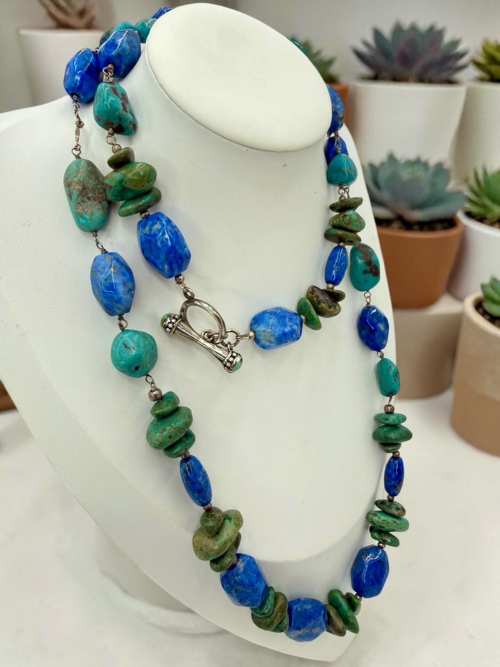 Barse Turquoise & Denim Lapis Sterling Silver Toggle Necklace 34” 104g Southwest